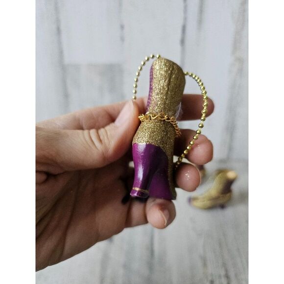 Boot shoe heel glitter gold purple ornament Xmas vintage tree set - Picture 5 of 9